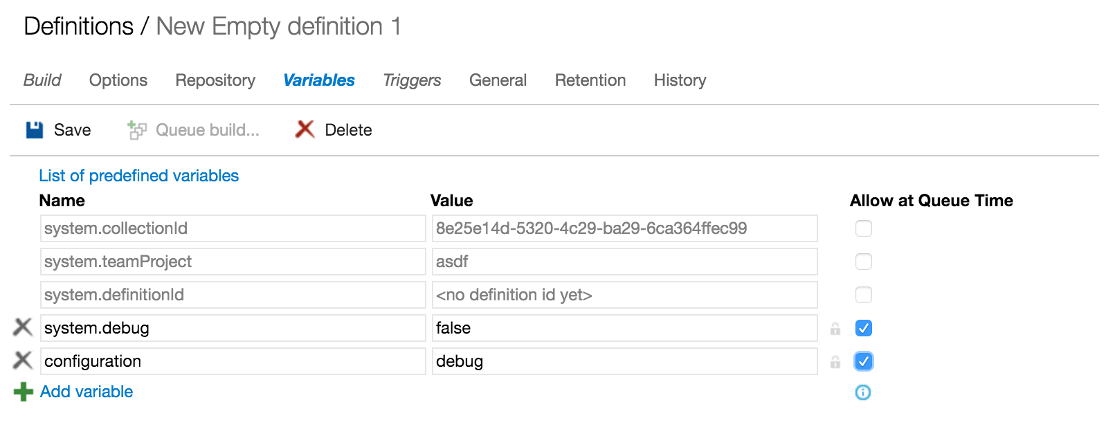 VSTS Build Definition: Variables