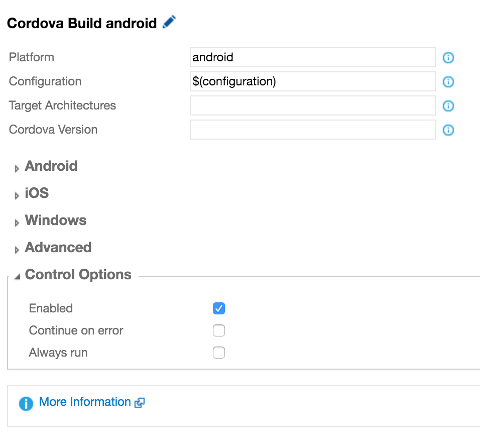 VSTS Build Step: Cordova Build