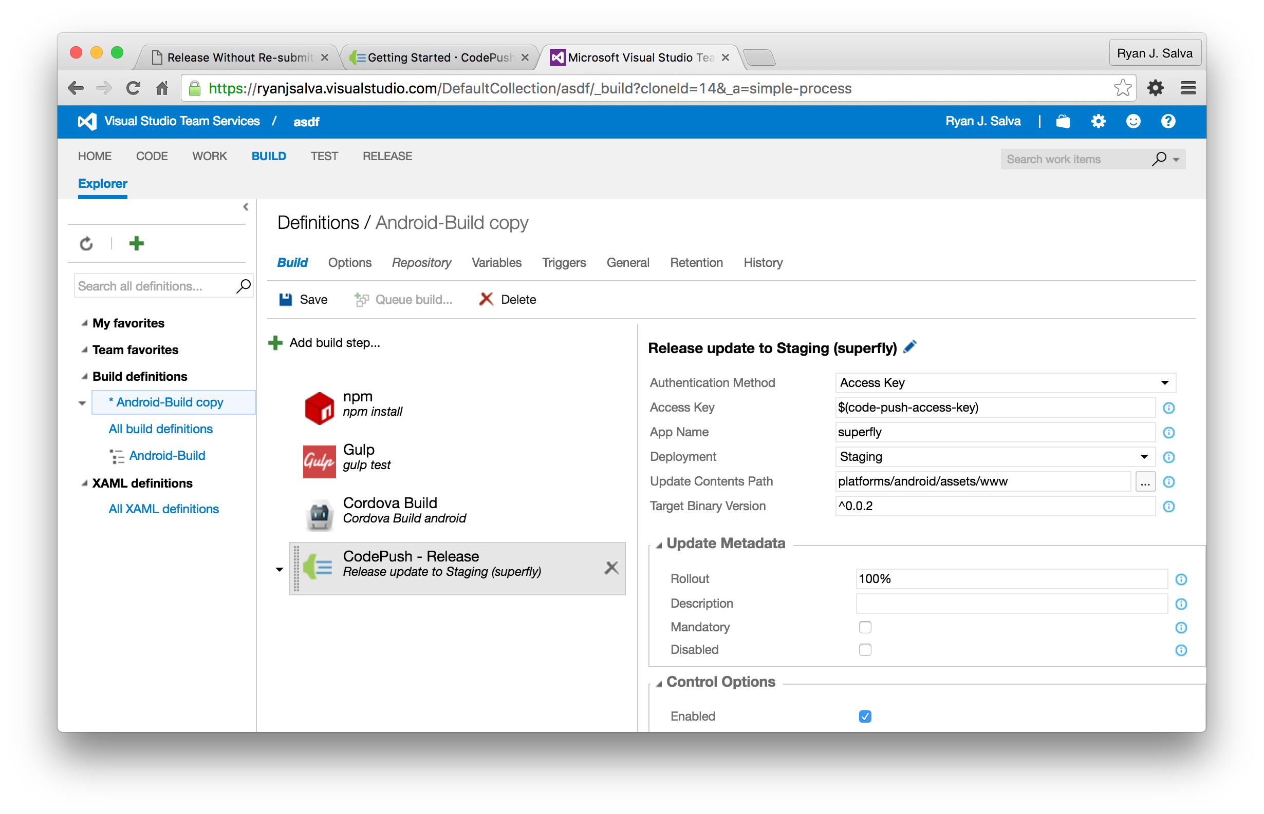 Configure Code Push build step