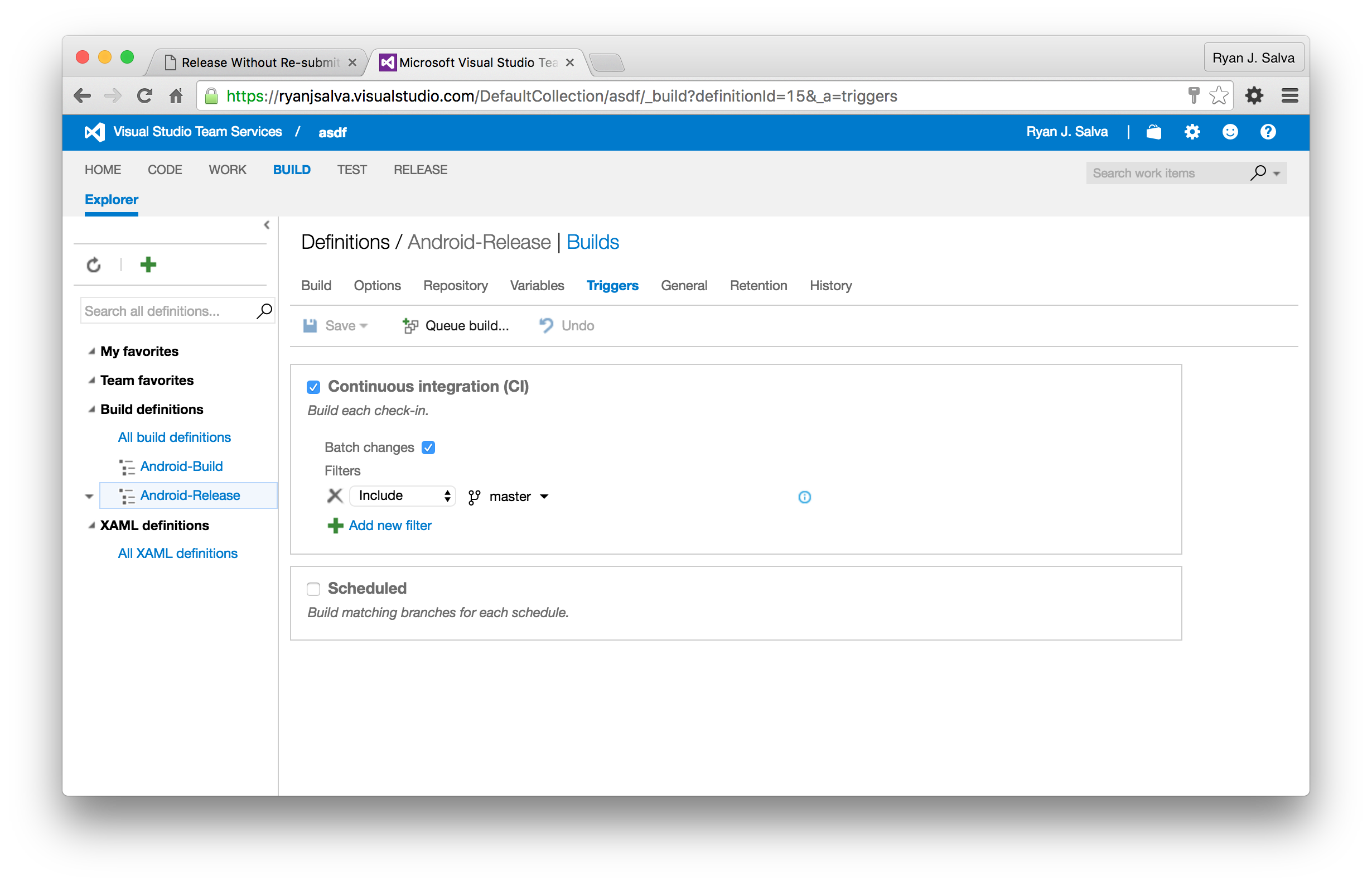Triggers set to use Continuous Integration