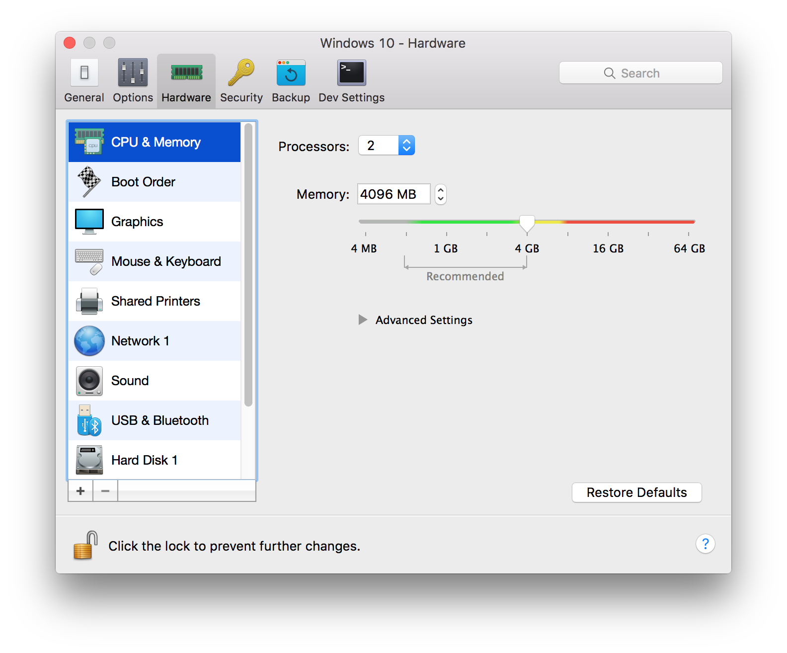 Parallels configuration for CPU and Memory