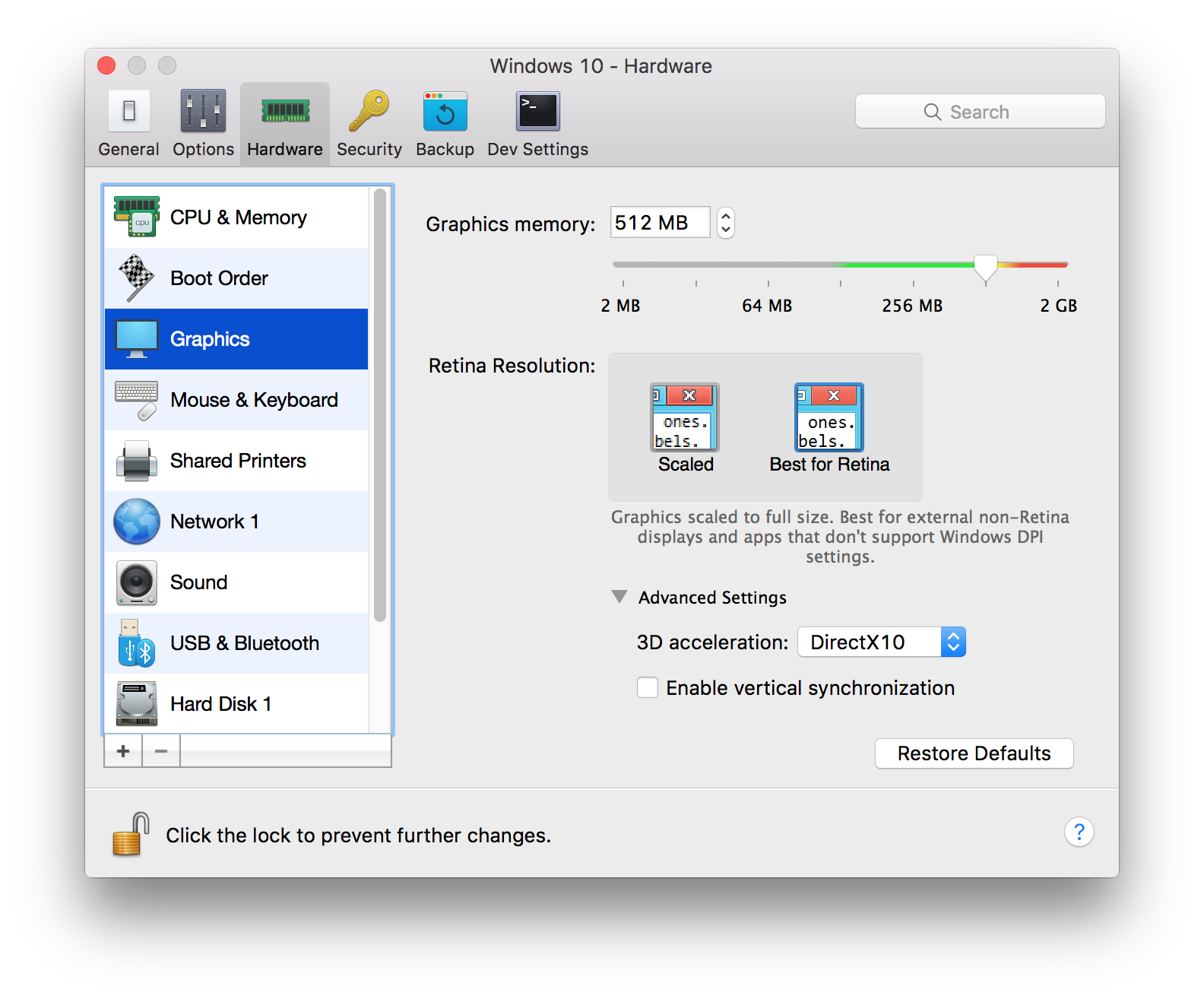 Parallels configuration for Graphics