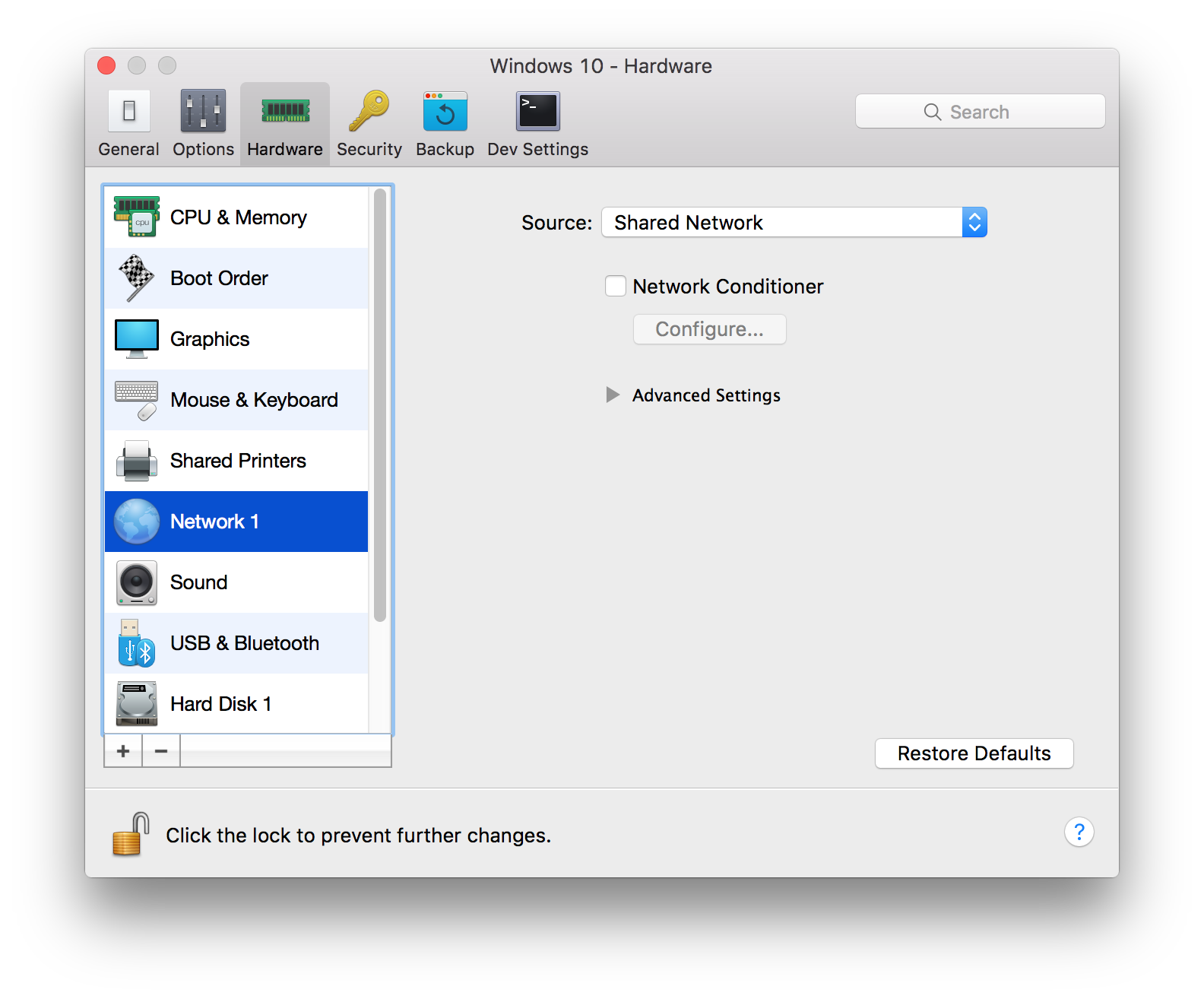 Parallels configuration for Network